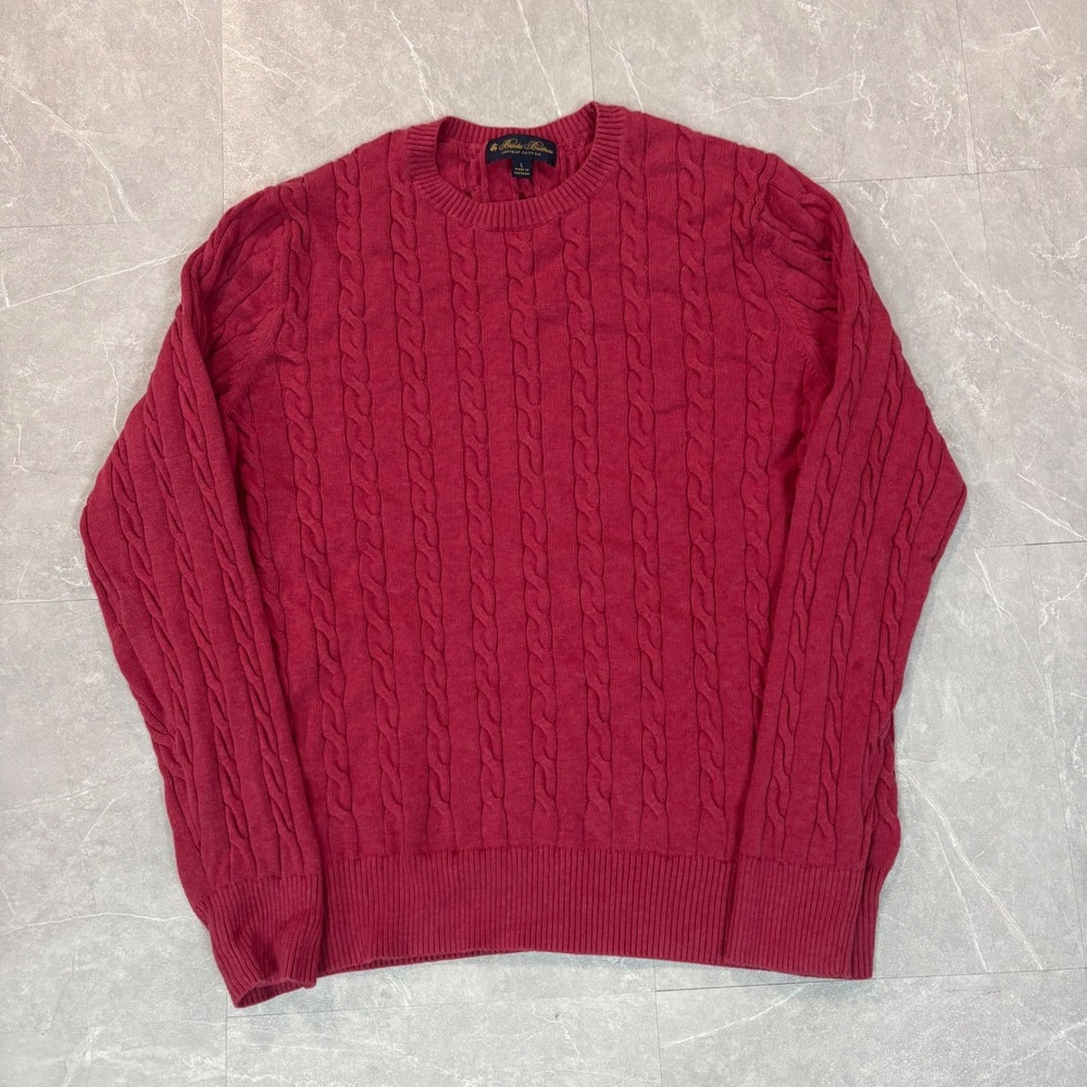 Brooks Brothers Mens Supima Cotton Cable Knit Crewneck Sweater Burgundy Red L